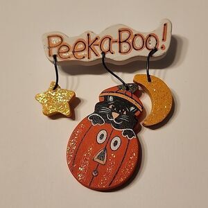 Wooden “Peek-a-Boo”  Pin Brooch W/ Hanging Pumpkin Sparkle Star & Moon Halloween